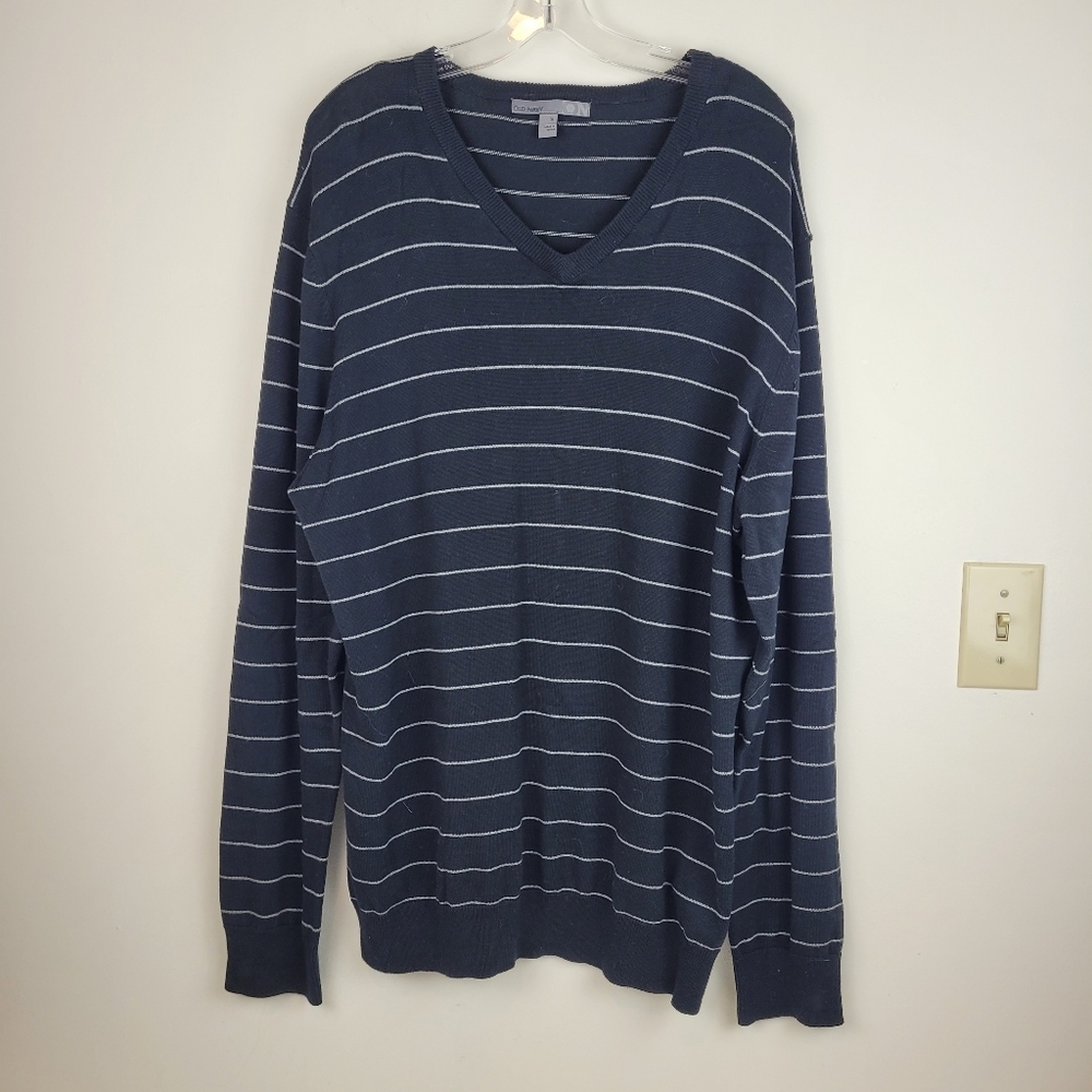 Old Navy Black White Striped Mens V-Neck Cotton Sweater nautical preppy cozy XL - Picture 3 of 10
